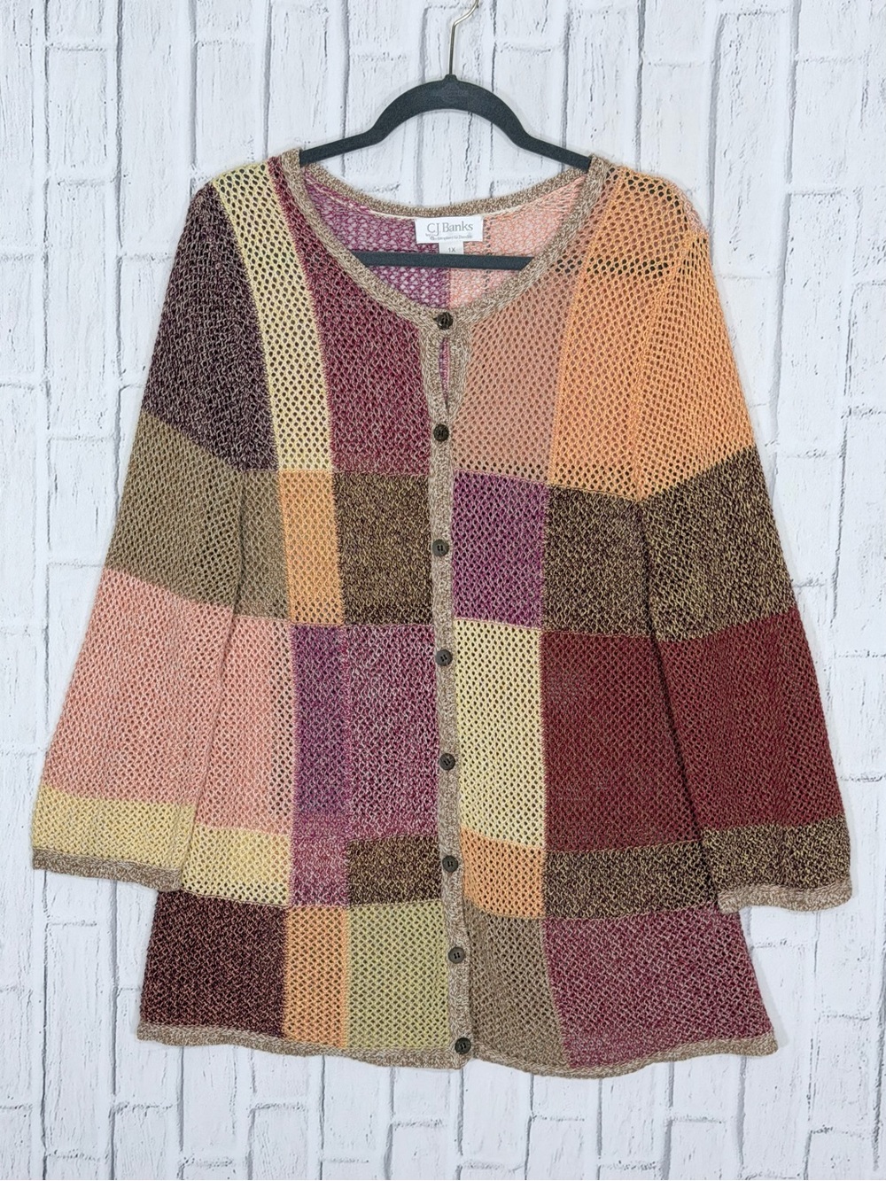 🍂 CJ Banks 1X Patchwork Open Knit Cardigan Boho Cottagecore